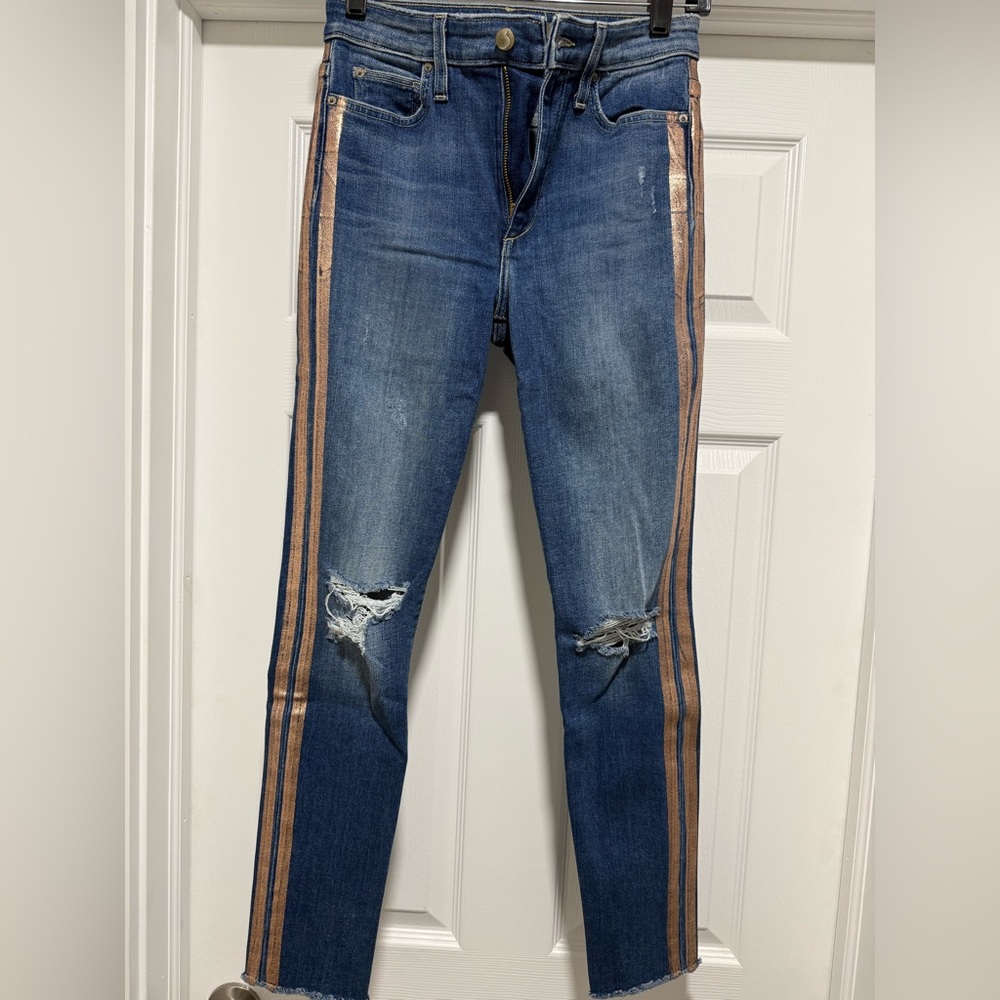 Joe's Jeans Blue Skinny Jeans with Metallic Bronze Side Stripes